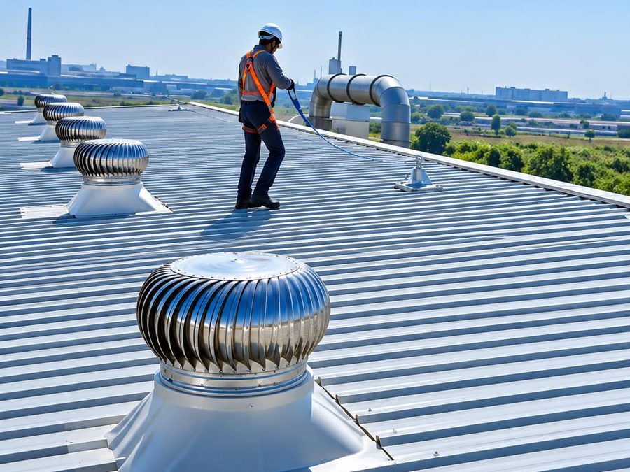 Workers wearing safety helmets at height on a rooftop